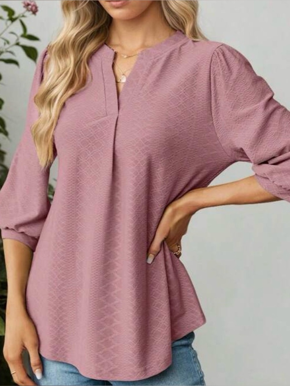 V-Neck Textured Blouse in Dusty Rose - Women Tops